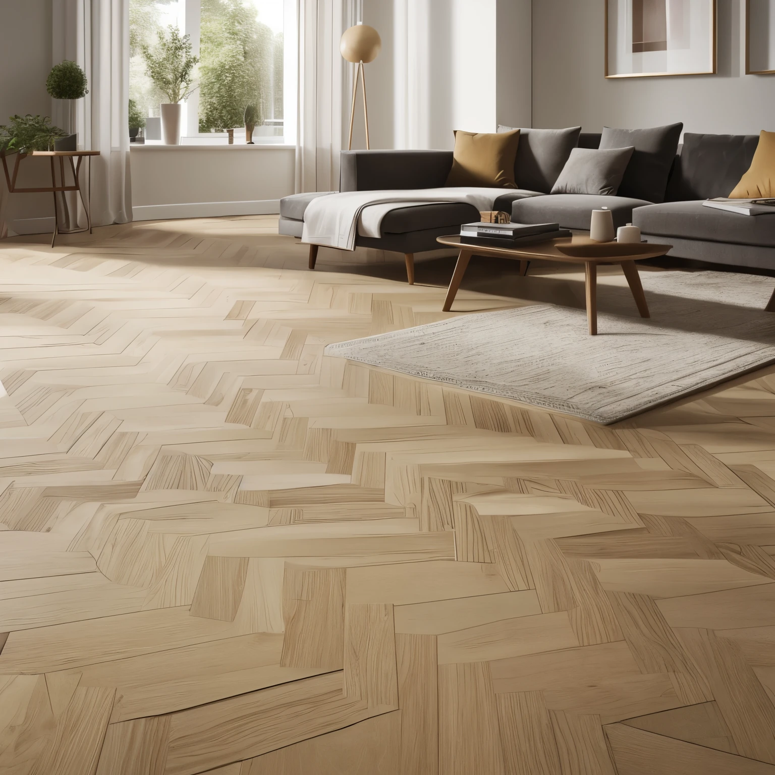 Create an ultra-realistic image of a professional installer laying new parquet flooring in a living room. A homeowner watches with satisfaction from the side, showcasing the ease of the process.