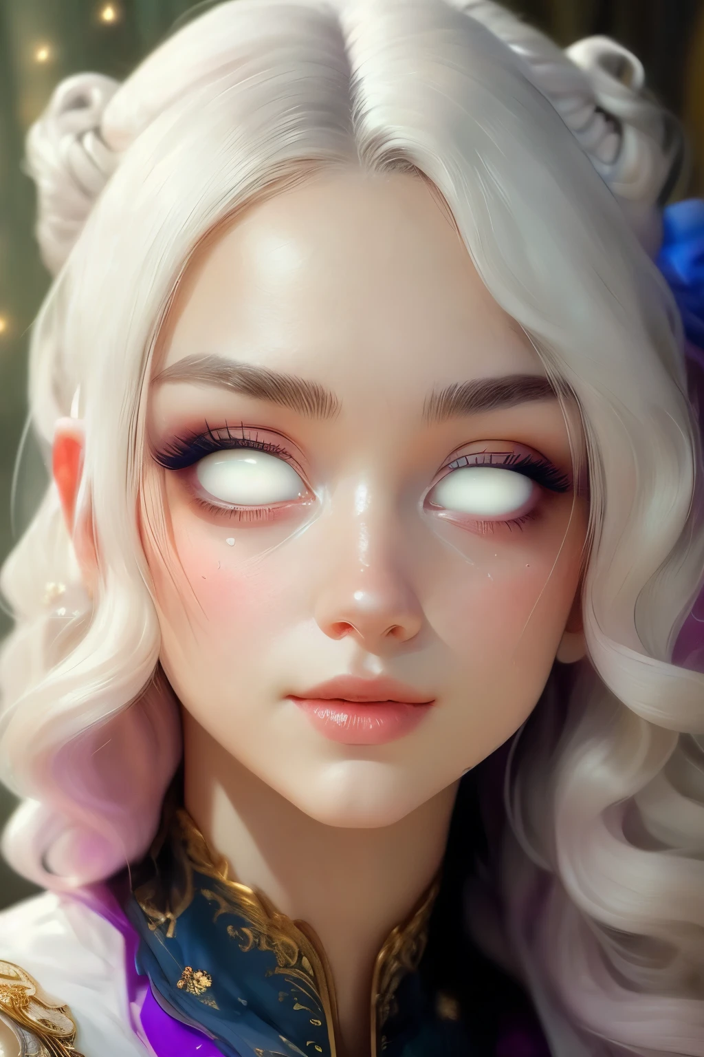 (This is a beautiful fantasy image that feels interesting.) Generate a pretty magical (((blind))) woman with colorful curly hair and milky white eyes. Her face is important should be perfectly formed with puffy lips and perfect features. (Her eyes are important and are blank white and solid white.) Her clothing is colorful and has all the colors of the rainbow, giving the appearance of a rainbow. Utilize dynamic composition to create a compelling and interesting image that appeals to viewers. She has an unmarked face. Use dramatic lighting and cinematic lighting to enhance the overall quality of the image. Fantasy, cute, colorful, compelling, energetic, (shirome eyes:1.3), (smirking), ((no pupils)), ((no irises)), ((((blank eyes, empty eyes)))), (perfectly rendered solid whiteeyes), ((normal neck)), short neck