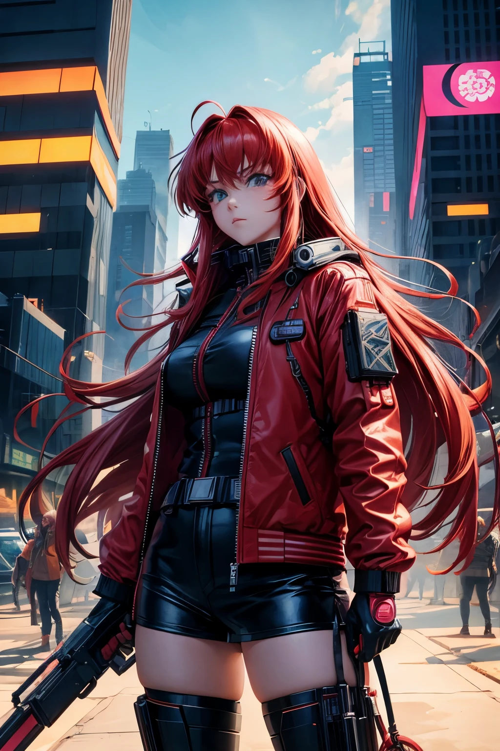 80s anime girl, cyberpunk girl wearing heavy tech armour, 80s cel shading style, long red hair, jacket with cables and tech, holding a weapon, futuristic city in the background.