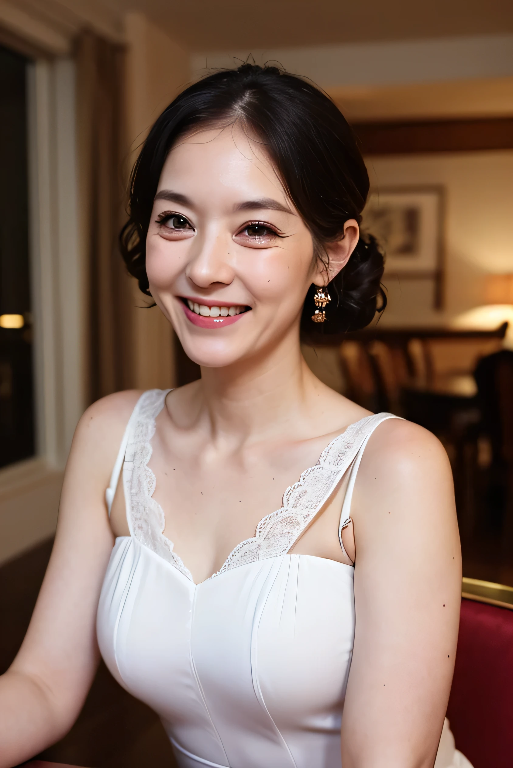 (Tabletop:1.4), High resolution,(high quality:1.4),(60-year-old woman:1.4),(Facial wrinkles:1.4),Beautiful woman,(Night Dress:1.4),chest,smile,Sally Dress