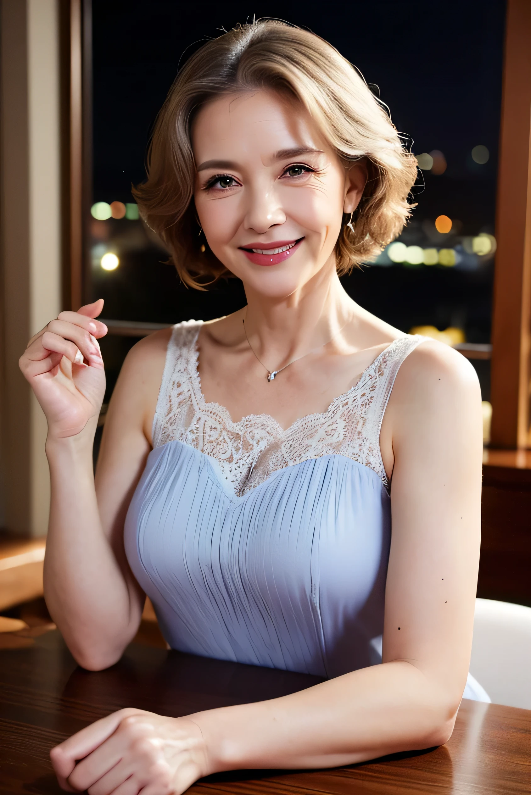 (Tabletop:1.4), High resolution,(high quality:1.4),(60-year-old woman:1.4),(Facial wrinkles:1.4),Beautiful woman,(Night Dress:1.4),chest,smile,Sally Dress