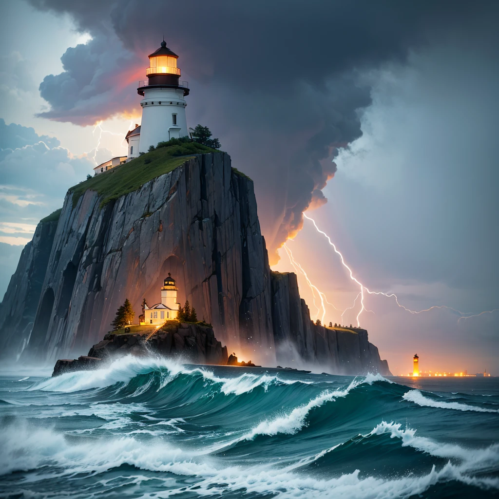 Island lighthouse during a thunderstorm