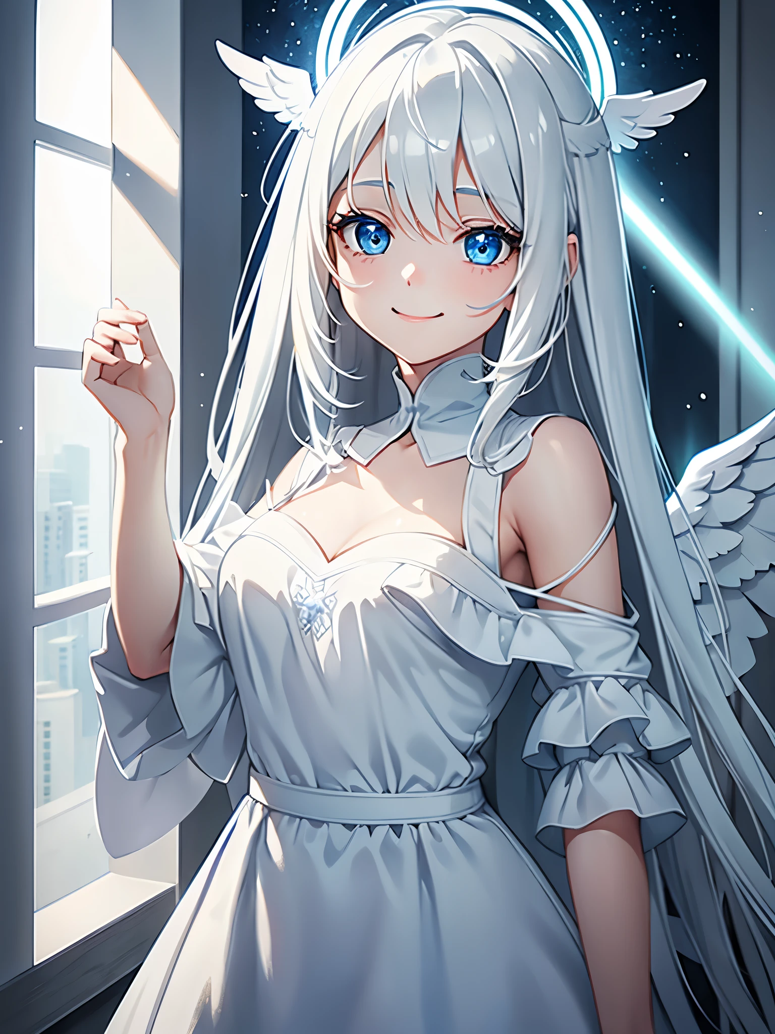 1girl, long white hair, light blue eyes, wearing white dress with blue finishes, cute face, smile, full body, blue halo, angel wings, grey skin,