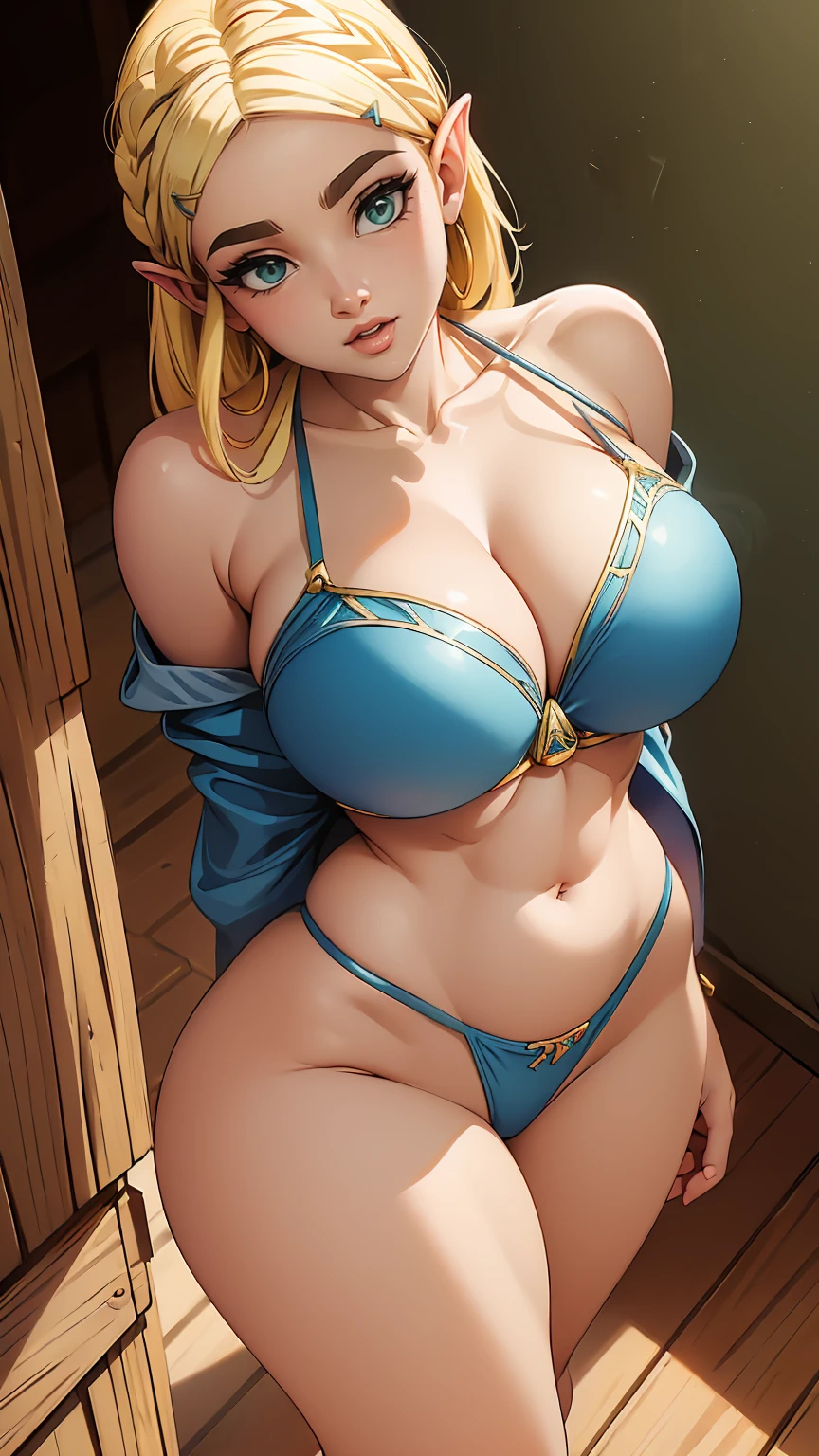 ((high detailed, best quality, 4k, masterpiece, hd:1.3)), ((best quality)), (((HD))), (((8k))), (ultraDH), (ultra HD), green eyes, BREAK green eyes, seductive, attractive, smooth anime cg art, 36C breasts, long legs, vivid colors, slim body, perfect skin, blonde hair, long hair, light hair, blonde hair, cleavage, 36C cleavage, looking at viewer, BREAK looking at viewer, extremely detailed face, earrings, gem, blue eyeshadows, dark lips, very dark lips, light makeup, (breast focus), (arms outstreched:1.2), (from above:1.1), (breasts out:1.3), (off shoulder:1.1), (((blue bra with straps))), (((gigantic breasts))),