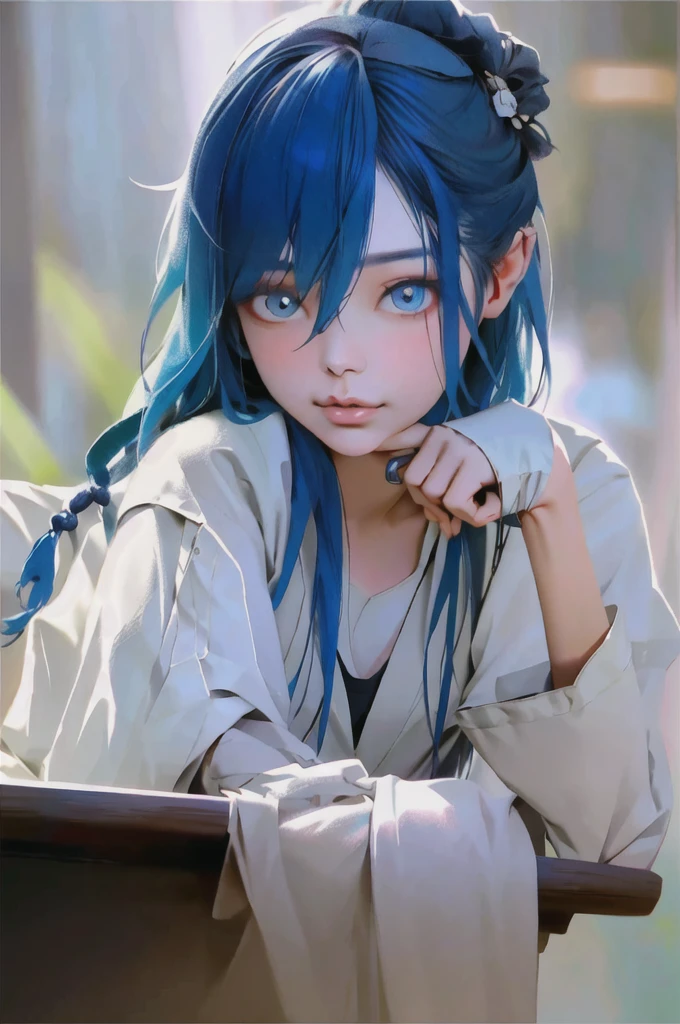 Korean woman sitting at a cafe table drinking coffee、Photos of Lee Gahyeon。Window sunlight, Blue Hair, Dynamic pose, Skin Texture, Pale skin, Shiny skin, (slim, small:1.2), [:(Sharp focus on the face, Detailed face, Perfect Eyes, View your viewers:1.2):0.2], Realistic, Film Grain, highest quality, masterpiece 