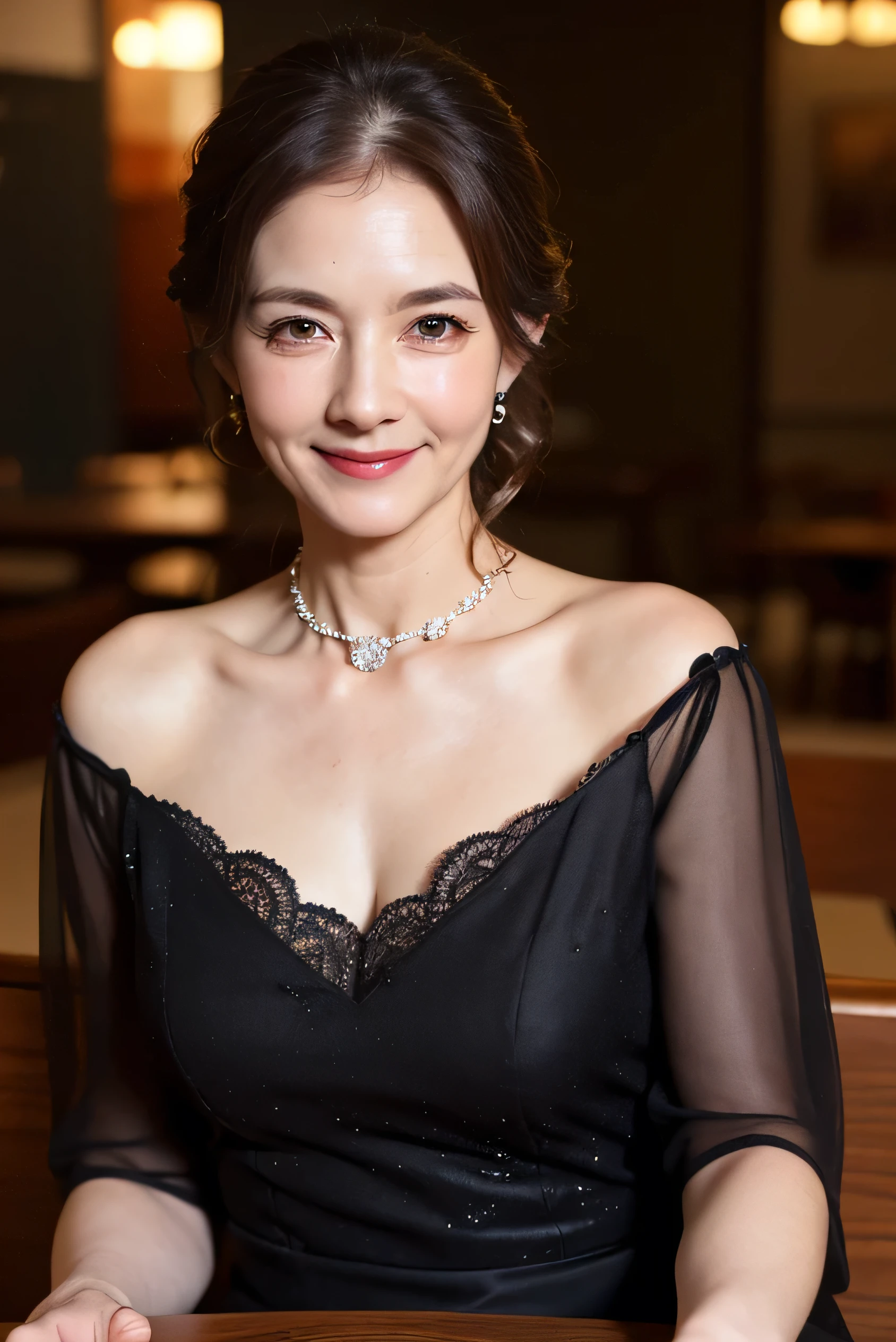 (Tabletop:1.4), High resolution,(high quality:1.4),(60-year-old woman:1.4),(Facial wrinkles:1.4),Beautiful woman,(Night Dress:1.4),chest,smile,Sally Dress