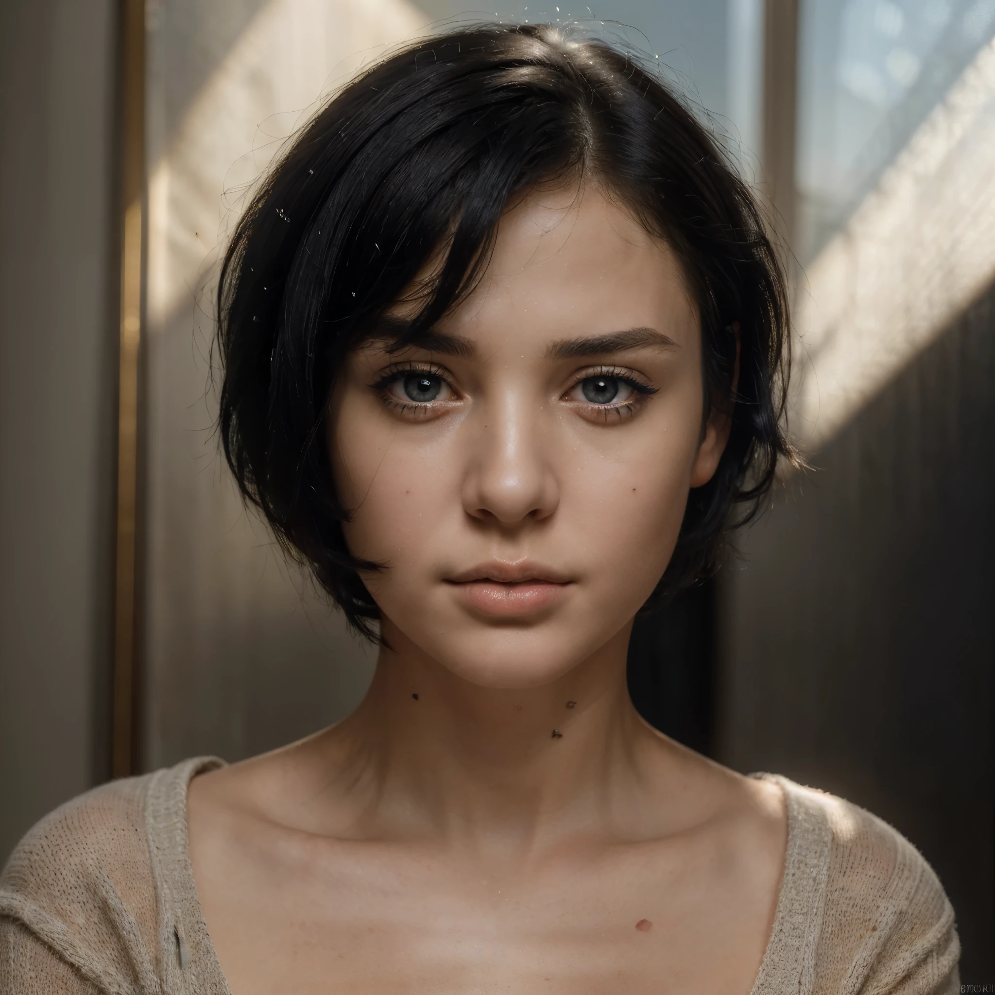 (masterpiece:1.3), (8k, photorealistic, RAW photo, best quality: 1.4), (1girl), beautiful face, (realistic face), (black hair, short hair:1.3), beautiful hairstyle, realistic eyes, beautiful detailed eyes, (realistic skin), beautiful skin, (sweater), absurdres, attractive, ultra high res, ultra realistic, highly detailed, golden ratio
