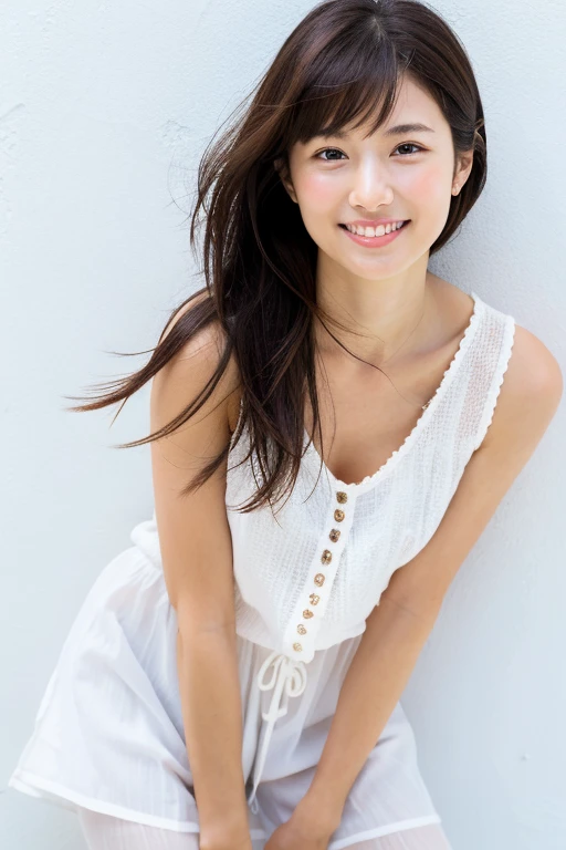 Authentic, highest quality, high resolution, natural skin, portrait, Japanese woman, regular woman, smile, mature woman, in front of a white wall, from the knees up, summer outfit