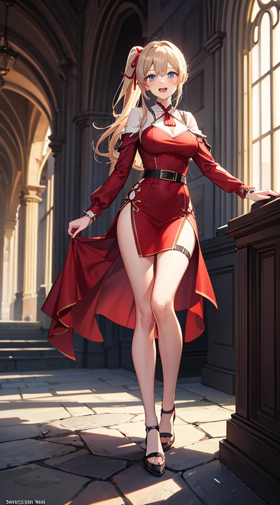 masterpiece,8k,top quality,1 girl,full body :1.5,slim west & proportion,sadiscated smile,red tieek,large brest,clean blue eyes,open mouth,wavy brown long pony-tail with red ribbon,see-through off-sholder pink belted mini dress,elegant cathedral,