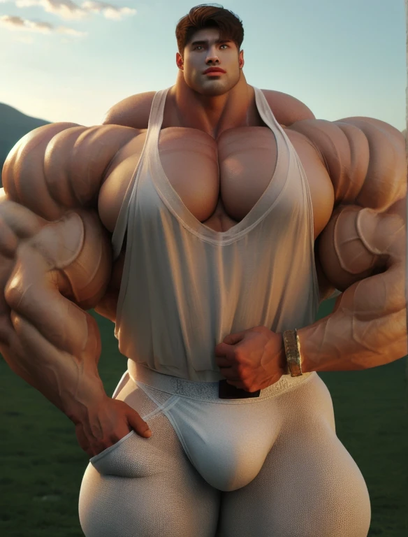 1boy, giant, model shoot style, looking at viewer, standing, illuminating light, golden hour, outdoor, strong body, bulk, large size, standing, at the meadows, white triangular underwear, prominent bulge, big, brutalmass, giant, muscular body, bulk, massive body, large meaty body size