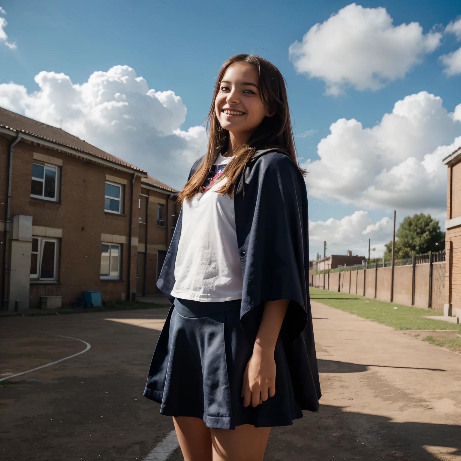 Girl who is happy in a school yard and behind her clouds make a cape because she is very brave
