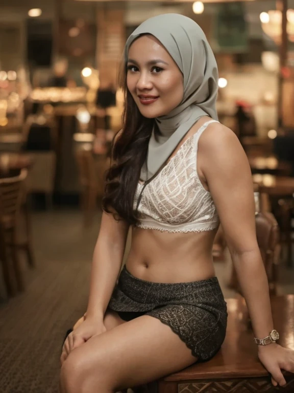 2 Matured malay women seat and seducing in the cafe , wearing hijab with lace bra and platted short skirt, smiling, matured, 40 years old, perfect body, matured body, detail skin texture, professional lighting, bokeh, nighttime, soft lighting, blur background, portrait photography, medium shot, 35mm lense, Over-the-shoulder shot, pastel color grading, depth of field cinematography, western film style, high quality, ultra detail, 8k resolution