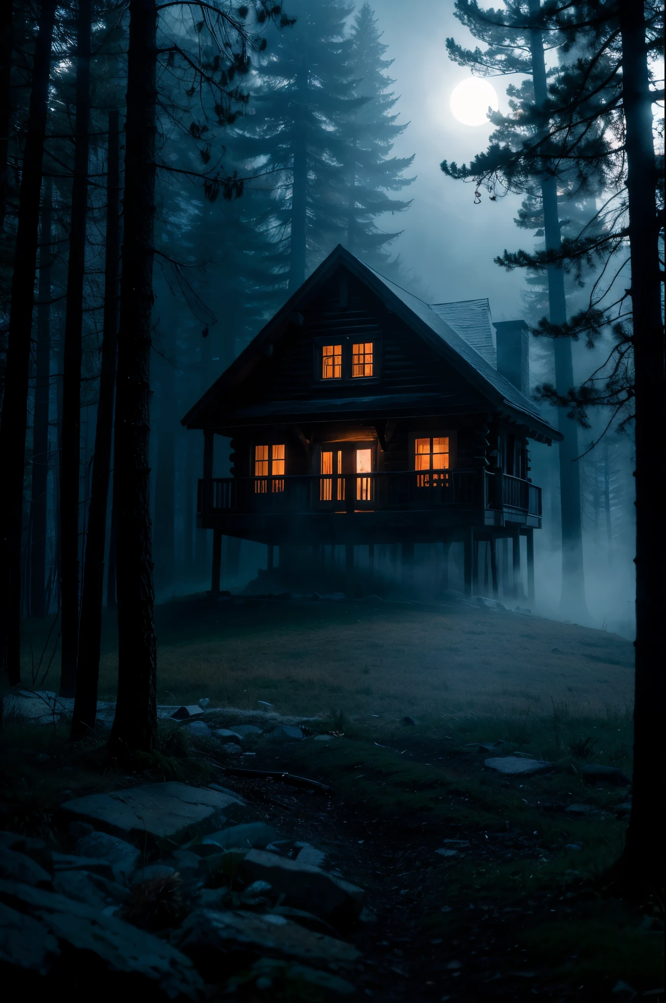 cinematic still, cabin in the woods, heavy atmosphere , night, volumetric fog, horror film lighting