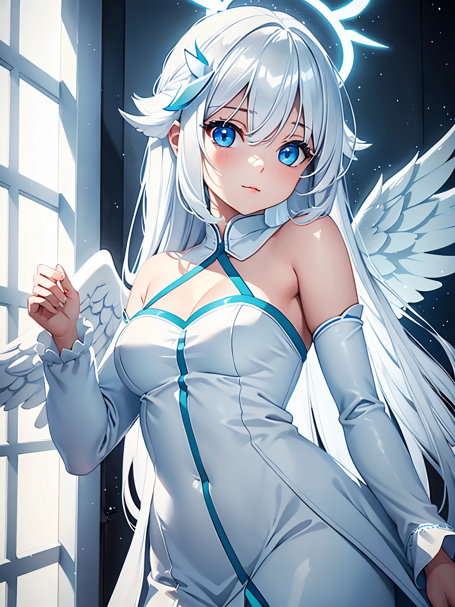 1girl, long white hair, light blue eyes, wearing white dress with blue finishes, cute face, full body, blue halo, angel wings, grey skin, funny pose