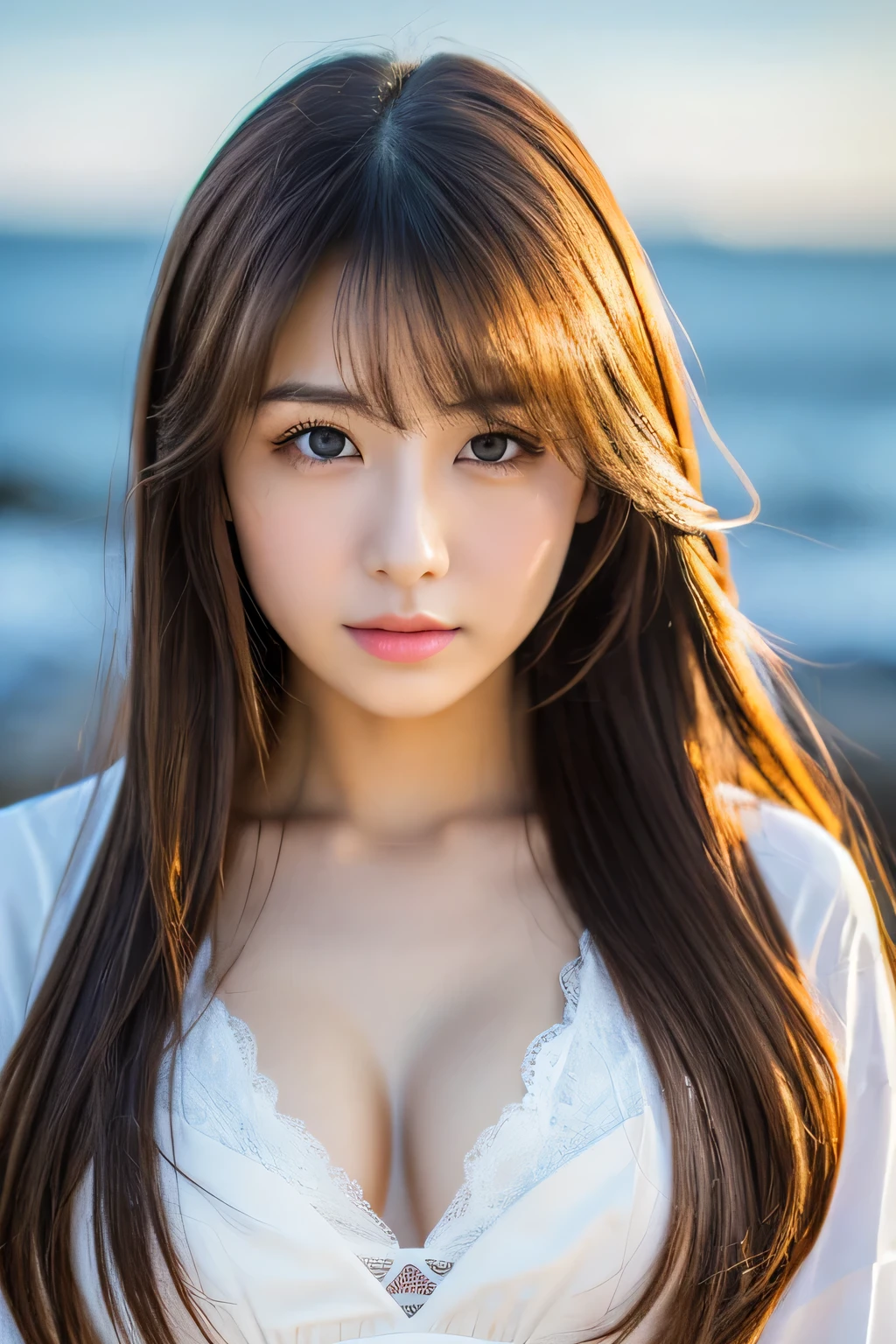 Masterpiece, 1 Beautiful Girl, (Reality 1.4), Japanese, Asian Beauty, Super Beautiful, Beautiful Skin, Thin, (Full Body Image), (Ultra Reality), (High Resolution), (8K), (Very Fine) , (beautiful detailed eyes), (very detailed), (detailed eye description), big eyes, brown eyes, long eyelashes, detailed face, shiny lips, bright lighting, professional lighting, camera Line of sight, serious expression, looking straight ahead, long hair, brown hair, seascape, Nogizaka idol, actress, 20 years old, white shirt, cleavage cut, baby face, moist and realistic skin texture, moist lips, natural shadow, (Raises arm)