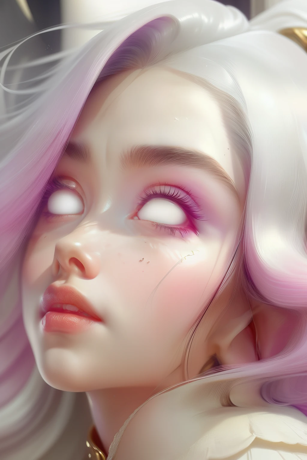 (This is a beautiful fantasy image that feels interesting.) Generate a pretty magical (((blind))) woman with colorful curly hair and milky white eyes. Her face is important should be perfectly formed with puffy lips and perfect features. (Her eyes are important and are blank white and solid white.) Her clothing is colorful and has all the colors of the rainbow, giving the appearance of a rainbow. Utilize dynamic composition to create a compelling and interesting image that appeals to viewers. She has an unmarked face. Use dramatic lighting and cinematic lighting to enhance the overall quality of the image. Fantasy, cute, colorful, compelling, energetic, (shirome eyes:1.3), (smirking), ((no pupils)), ((no irises)), ((((blank eyes, empty eyes)))), (perfectly rendered solid whiteeyes), ((normal neck)), (((short neck)))
