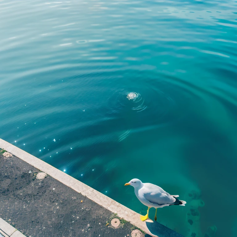 high quality,high resolution,1080p,Sea surface,Only by sea,From the shore towards Sea surface,sunny,In calm water,vision,clear,One way,Water overflows onto the sidewalk,Pebble,sun,blue sky,White cloud,Shine,reflected light from the water surface,Seagull, Minimalism