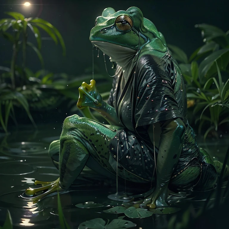 (highest quality、4k、8k、High resolution、masterpiece: 1.2)、Super detailed、(Real、Photorealistic、Photorealistic: 1.37)、Full Body Portrait、media: Fantasy、Horror、ダーク Fantasy、Creatures、ハイブリッド Creatures、(Anatomically correct fingers: 1.4 )、(The upper body of a beautiful young woman)and((A hybrid creature with the lower body of a frog: 1.5))、(Squats with legs open:1.5)、Visualization of mythical creatures、yukata、At night in the swamp、Dark atmosphere、Dim color、Spooky lighting、looking at the camera