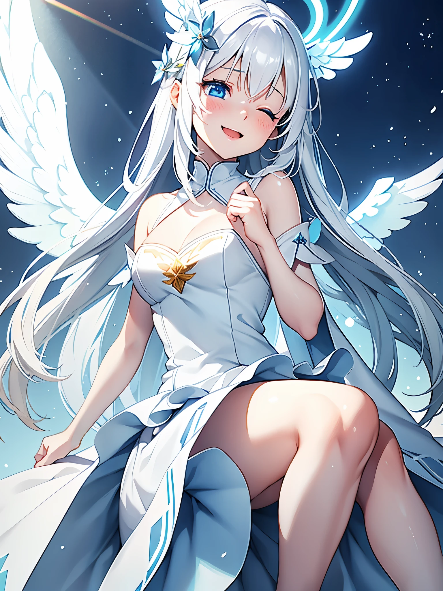 1girl, long white hair, light blue eyes, wearing white dress with blue finishes, cute face, full body, blue halo, angel wings, grey skin, funny pose, one eye closed, laugh
