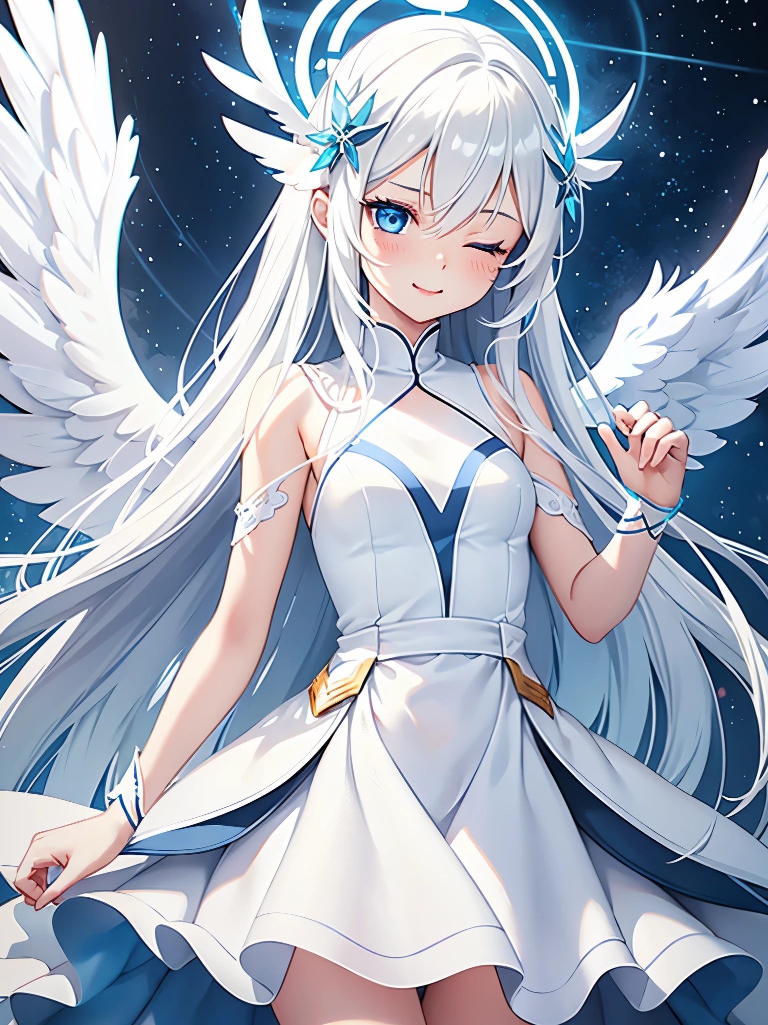 1girl, long white hair, light blue eyes, wearing white dress with blue finishes, cute face, full body, blue halo, angel wings, grey skin, funny pose, one eye closed, laugh