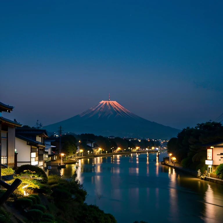 Japan, A small town in the distance、A river in front of you, At night, In calm shades, Spreading peace