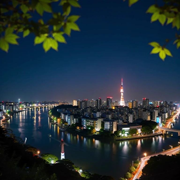 Japan, A small town in the distance、A river in front of you, At night, In calm shades, Spreading peace
