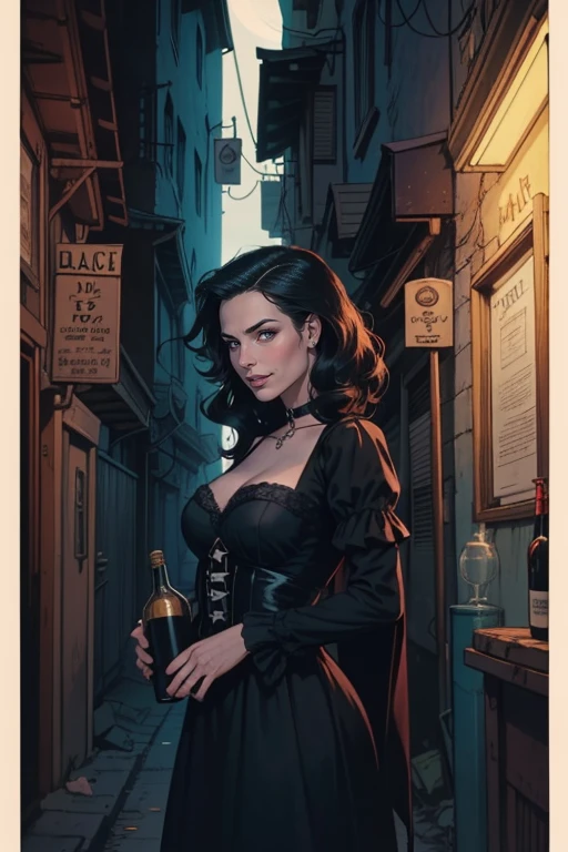 A gothic woman with black hair and black lipstick, She is wearing black dress, She is standing and has a serious expression and there a dark alley behind her. The alley is messy with papers and bottles scattered around, upper body, dutch angle, background location, fantasy setting, in night town dark alley, 