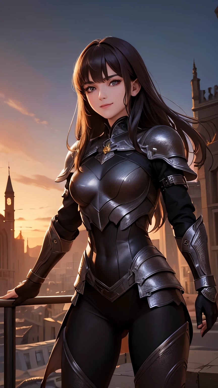 "(highest quality,8k,High resolution,masterpiece:1.2),beautiful,Detailed face,Captivating with a smile,Dark brown hair,Wearing black armor with a scorpion motif. Torn clothes, Emphasize the chest"