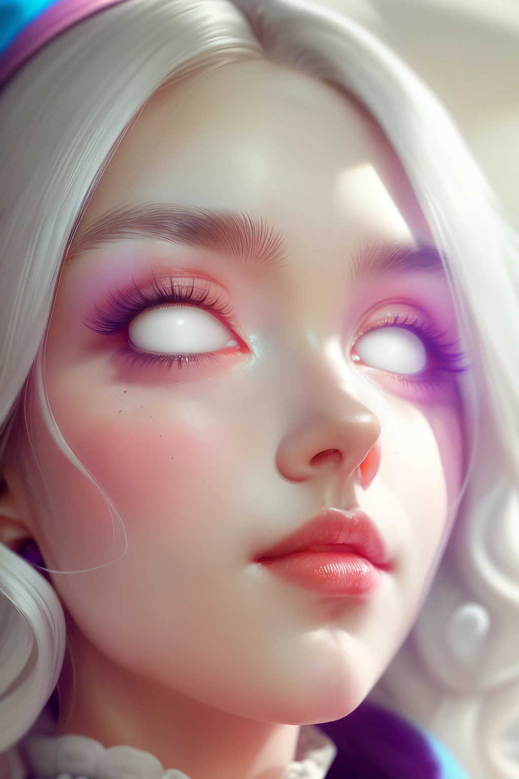(This is a beautiful fantasy image that feels interesting.) Generate a pretty magical (((blind))) woman with colorful curly hair and milky white eyes. Her face is important should be perfectly formed with puffy lips and perfect features. (Her eyes are important and are blank white and solid white.) Her clothing is colorful and has all the colors of the rainbow, giving the appearance of a rainbow. Utilize dynamic composition to create a compelling and interesting image that appeals to viewers. She has an unmarked face. Use dramatic lighting and cinematic lighting to enhance the overall quality of the image. Fantasy, cute, colorful, compelling, energetic, (shirome eyes:1.3), (smirking), ((no pupils)), ((no irises)), ((((blank eyes, empty eyes)))), (perfectly rendered solid whiteeyes), ((normal neck)), (((short neck)))