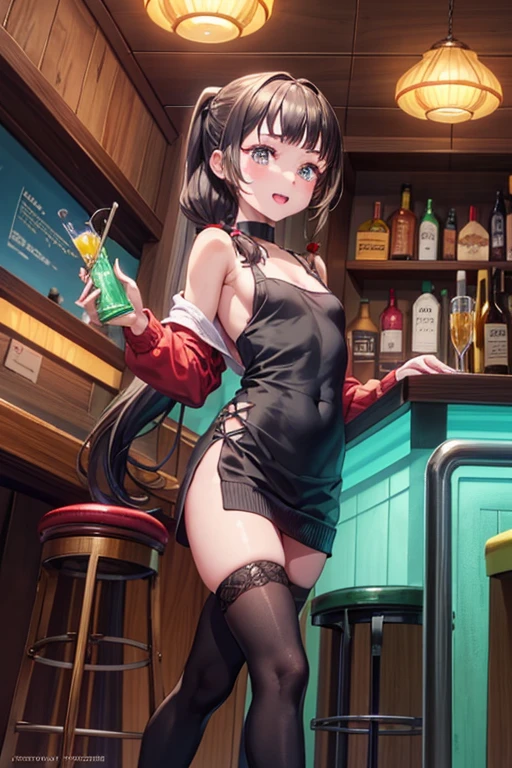 (from below:1.2),(from side:0.9), ((Face)), (Close-Up:0.4), masterpiece,"A 26-year-old girl stands at a bar counter. She is dressed in a stylish off-shoulder dress, sweater dress, off-shoulder sweater, red sweater,garter stocking, midriff, black skirts, black thighhighs, thigh strap, pretty girl, (highly detailed beautiful face and eyes,firm breasts),real skin,((black,hair,long pony tail hair)),thin pubic hair,cute and lovely pose, detailed eyes, This masterpiece is only visually stunning but also tells,(double breasted:0.6,under bust:0.6,cleavage:1.1,),(small breasts:1.2),(perky chest:1.1), (pointed chest:1.3), medium hips, glamorous body,(with sparkling eyes and a contagious smile),open mouth. The bar is beautiful, with colorful bottles of alcohol in the background and a soft glow from neon lights. The atmosphere is relaxed, and the girl looks confident and fashionable.",full body, sexy pose,make a cocktail , in a bar counter, Looking at Viewer,
