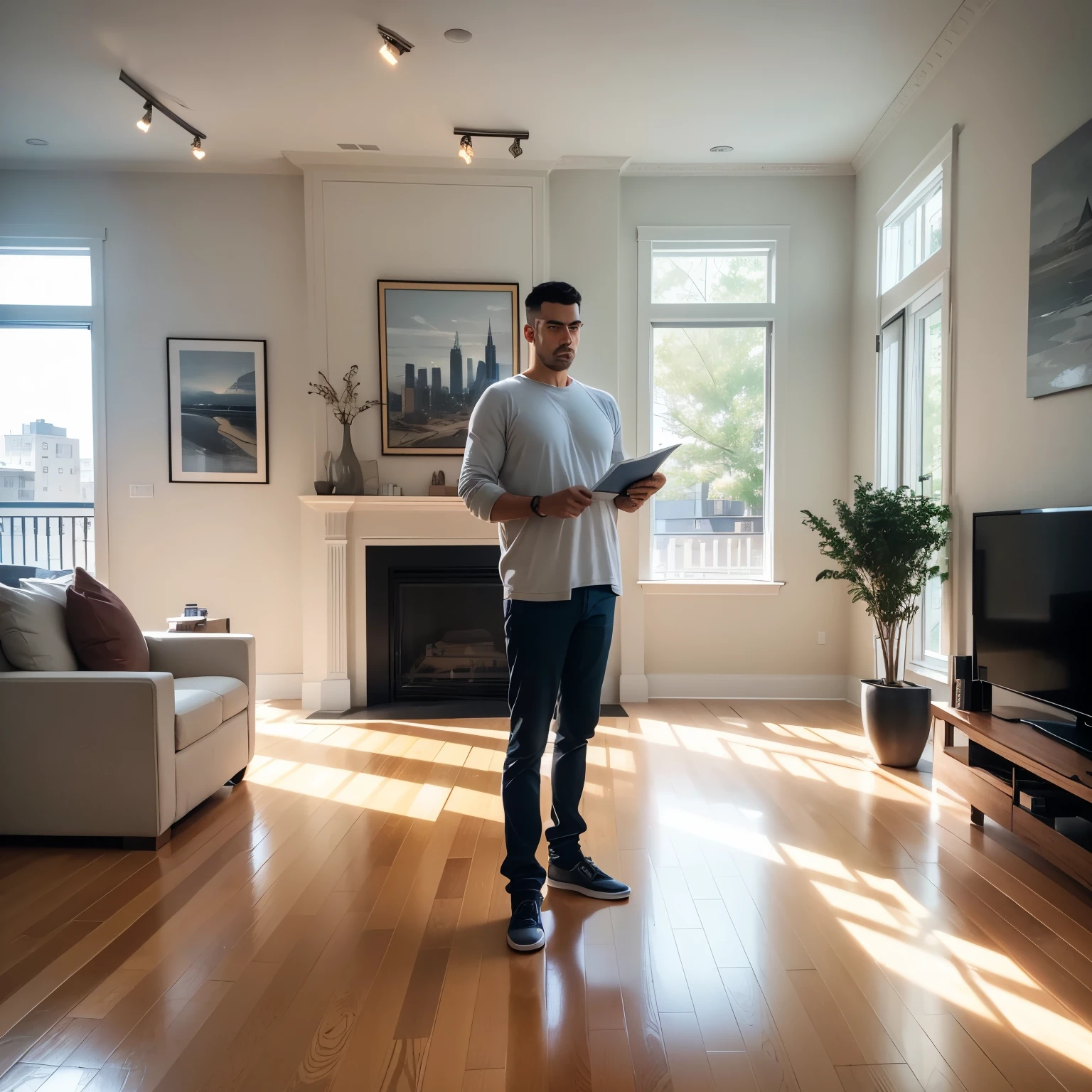 A prosperous homeowner, adorned in casual attire, stands in the center of a tastefully renovated living room. The polished hardwood flooring shines under the soft glow of modern recessed lighting. The walls, painted a calming shade of pale gray, are adorned with abstract art and sleek, minimalist decor. On one wall, a grand, floor-to-ceiling window showcases a picturesque view of the city landscape outside.

In his hand, the homeowner holds a meticulously detailed invoice from St Maclou Renovations, its clean lines and crisp text clearly visible against the pristine white surface. His brow furrowed in concentration,