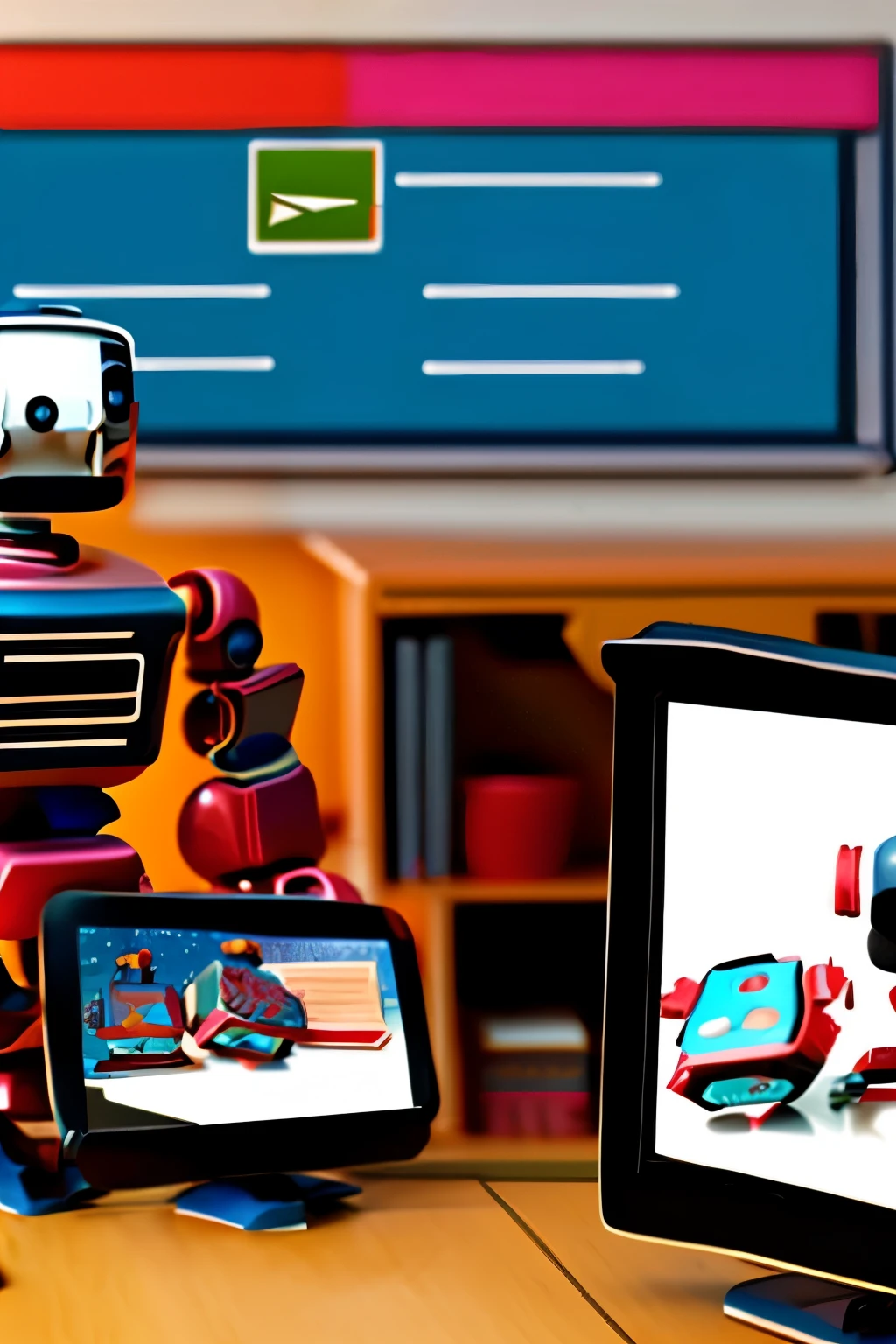 Robot teacher giving computer lessons to children in computer classroom