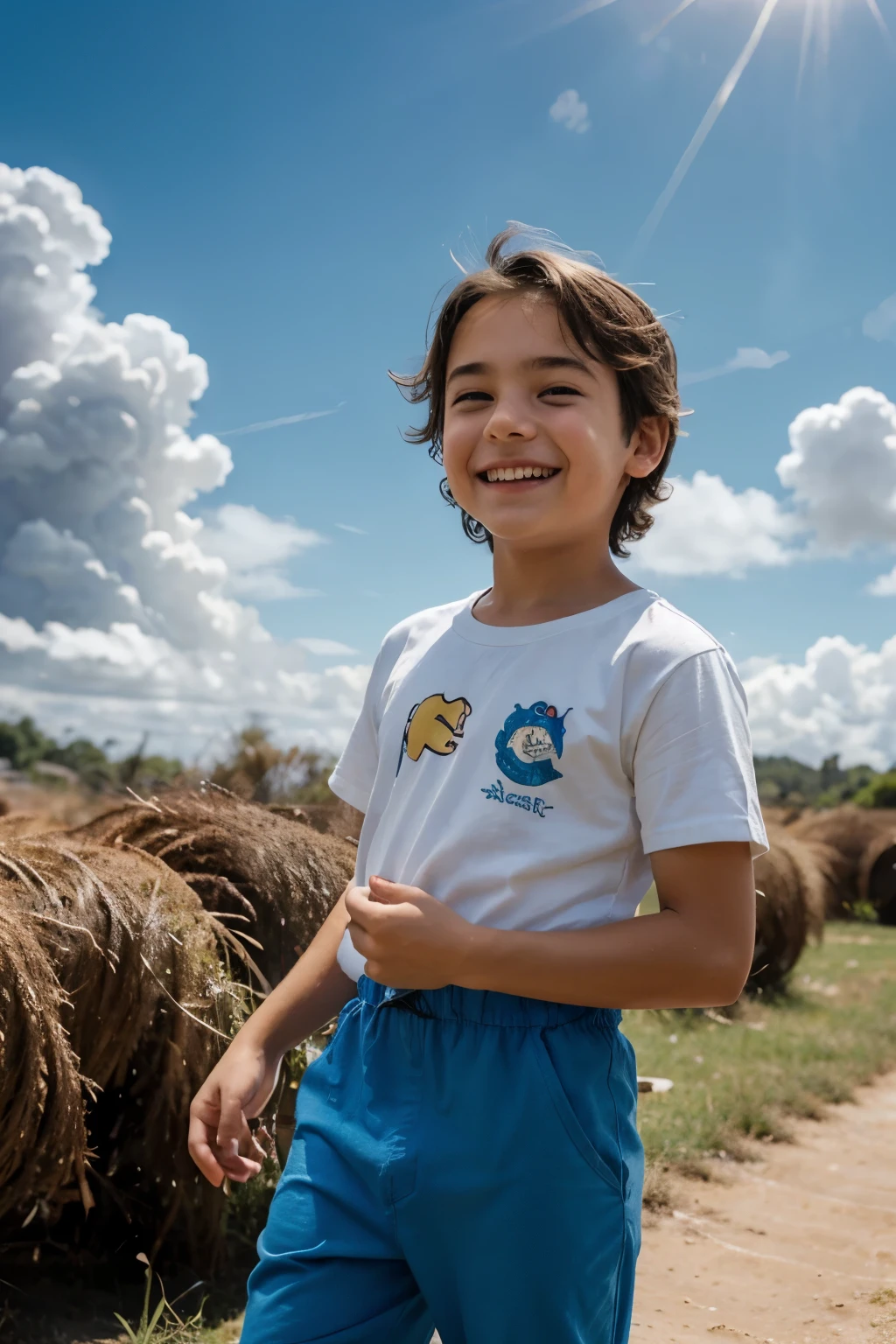 criar uma capa de livro, classic animation, cinematic immersion. que contenha um mundo magico, high saturation color, colorful illustrations, Um menino de cabelos castanhos claro, olhos castanhos escuros, in a blue jumpsuit and a white short-sleeved shirt Sky with happy clouds. And the boy is smiling at the sun.