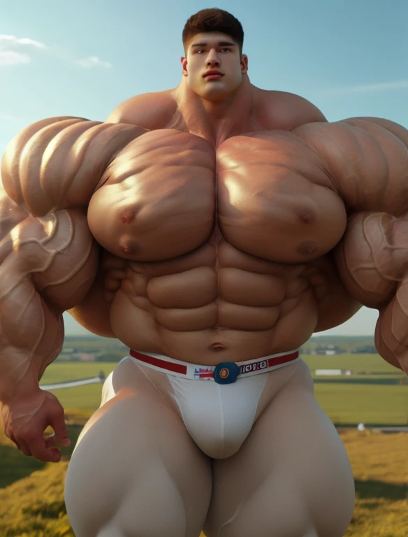 1boy, giant, model shoot style, looking at viewer, standing, illuminating light, golden hour, outdoor, strong body, bulk, large size, standing, at the meadows, white triangular underwear, prominent bulge, big, brutalmass, giant, muscular body, bulk, massive body, bod, large meaty body size