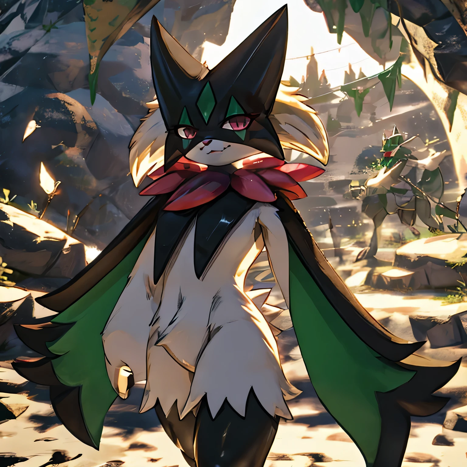 Masterpiece, The best quality, the highest picture quality, Detailed, Meowscarada, Pokémon, short snout, detailed eyes, cave background, day, female, solo, cruel smile