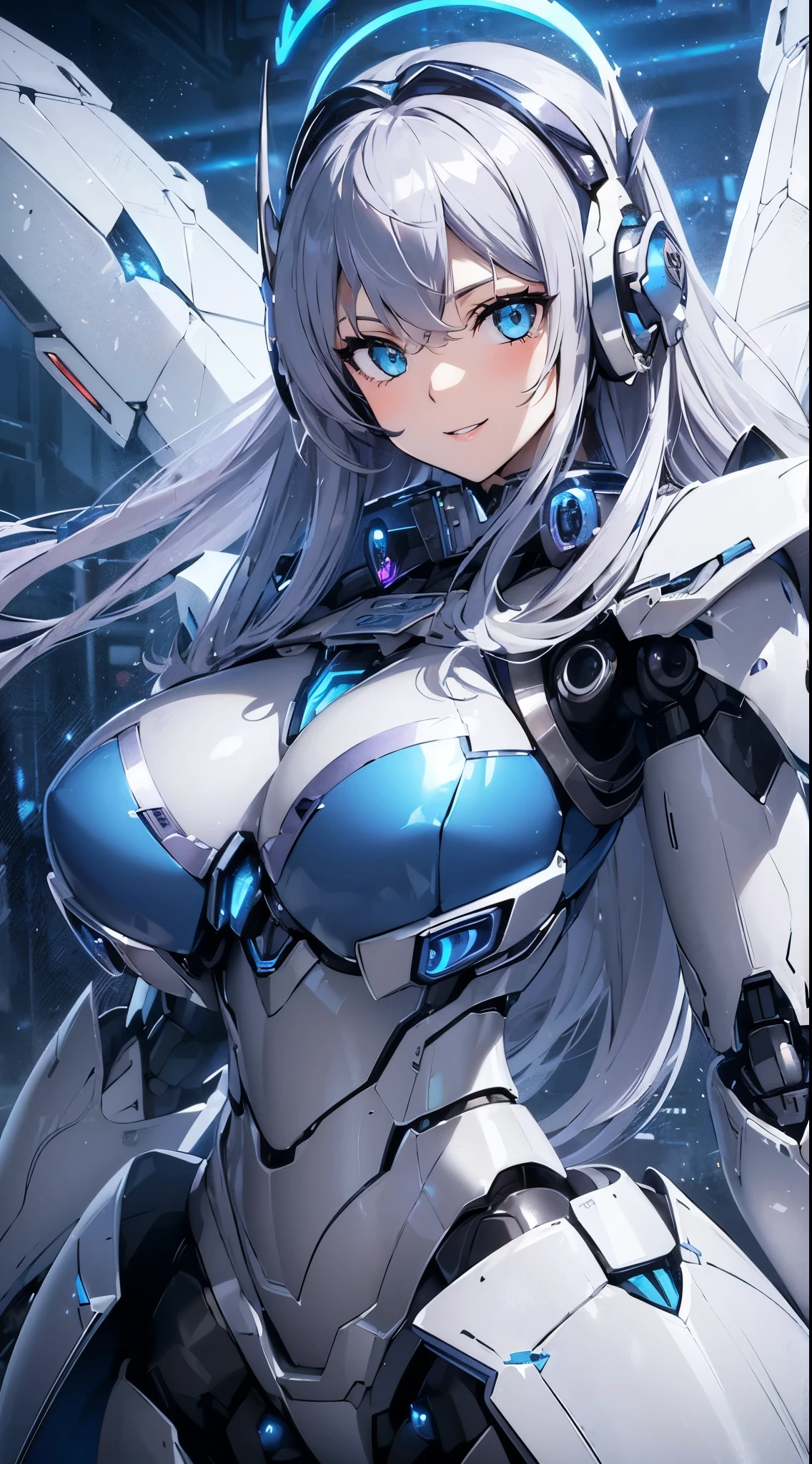 Blue shining mechanical eyes、Captivating smile