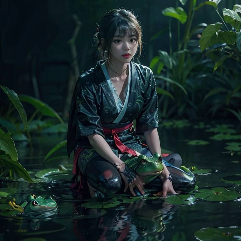 (highest quality、4k、8k、High resolution、masterpiece: 1.uper detailed、(Real、Photorealistic、Photorealistic: 1.37)、Full Body Portrait、media: Fantasy、Horror、ダーク Fantasy、Creatures、ハイブリッド Creatures、(Anatomically correct fingers: 1.4 )、(The upper body of a beautiful young woman)and((A hybrid creature with the lower body of a frog: 1.5))、s with legs open:1.5)、Visualization of mythical creatures、yukata、At night in the swamp、Dark atmosphere、Dim color、Spooky lighting、looking at the camera