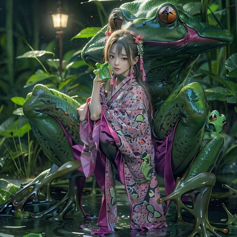 (highest quality、4k、8k、High resolution、masterpiece: 1.2)、Super detailed、(Real、Photorealistic、Photorealistic: 1.37)、Full Body Portrait、media: Fantasy、Horror、ダーク Fantasy、Creatures、ハイブリッド Creatures、(Anatomically correct fingers: 1.4 )、(The upper body of a beautiful young woman)and((A hybrid creature with the lower body of a frog: 1.5))、(Squats with legs open:1.5)、Visualization of mythical creatures、yukata、At night in the swamp、Dark atmosphere、Dim color、Spooky lighting、looking at the camera