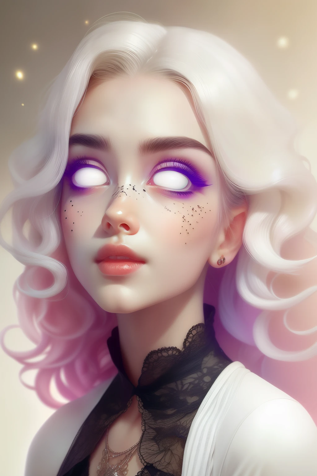 (This is a beautiful fantasy image that feels interesting.) Generate a pretty magical (((blind))) woman with colorful curly hair and milky white eyes. Her face is important should be perfectly formed with puffy lips and perfect features. (Her eyes are important and are blank white and solid white.) Her clothing is colorful and has all the colors of the rainbow, giving the appearance of a rainbow. Utilize dynamic composition to create a compelling and interesting image that appeals to viewers. She has an unmarked face. Use dramatic lighting and cinematic lighting to enhance the overall quality of the image. Fantasy, cute, colorful, compelling, energetic, (shirome eyes:1.3), (smirking), ((no pupils)), ((no irises)), ((((blank eyes, empty eyes)))), (perfectly rendered solid whiteeyes), ((normal neck)), (((short neck)))