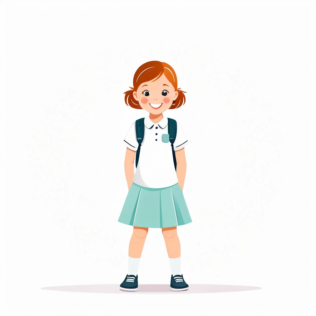 ((masterpiece, HD, highres, high quality)) {{{illustration}}} Flat design, white children ??? girl in a school. Front Pose, Expressive face expression, Cheerful and educational apparence, school colors and a clear, minimalist design.