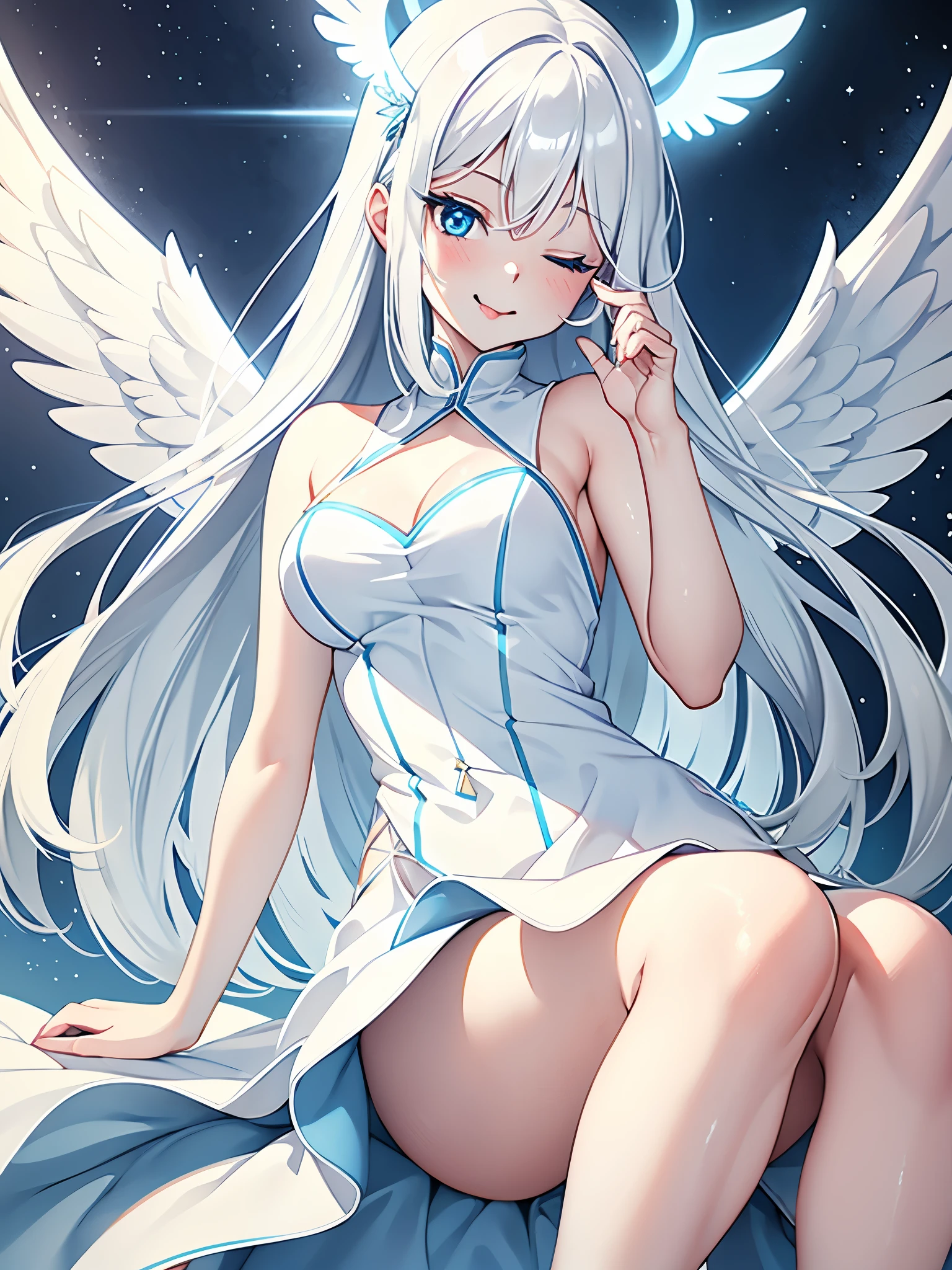 1girl, long white hair, light blue eyes, wearing white dress with blue finishes, cute face, full body, blue halo, angel wings, grey skin, funny pose, one eye closed, tongue out
