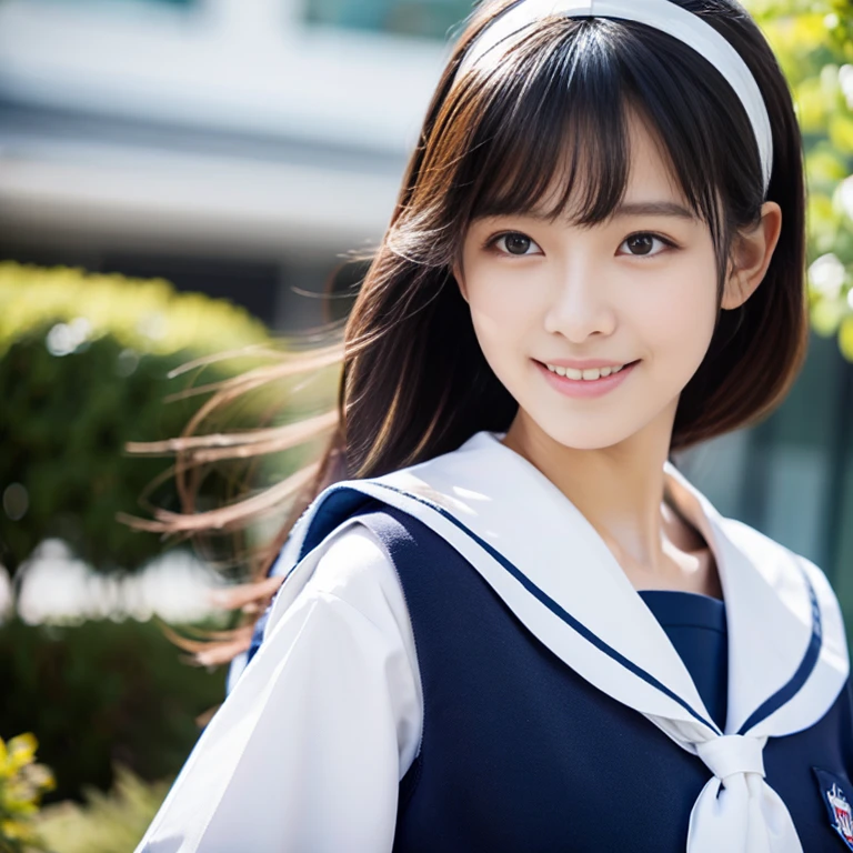 Body eight times longer than head, (High quality CG Unity 8k), (highest quality),(Very detailed),(Ultra-high resolution), Black Hair, Sailor suit, 紺色のSailor suit, Sailor suitを着た女子高生, Dark Blue Skirt, Anime 2D Rendering, realistic young anime , ((White headband)), Small breasts, expensive, Slanted Eyes, (School Scene), Black Stockings, Daytime, Please open your mouth a little, smile, Bobcut, Facial detail drawing, Small face,