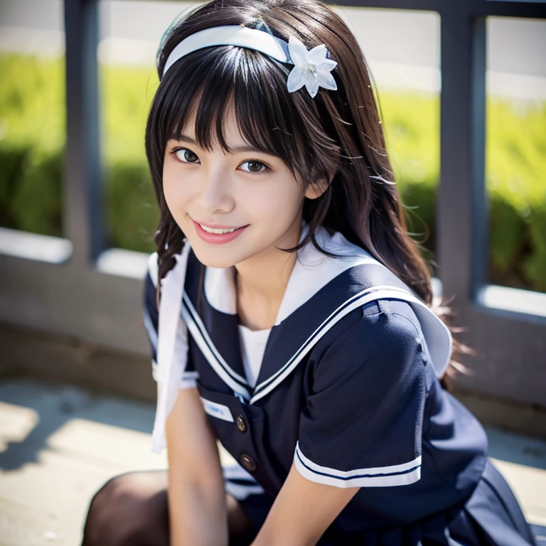 Body eight times longer than head, (High quality CG Unity 8k), (highest quality),(Very detailed),(Ultra-high resolution), Black Hair, Sailor suit, 紺色のSailor suit, Sailor suitを着た女子高生, Dark Blue Skirt, Anime 2D Rendering, realistic young anime , ((White headband)), Small breasts, expensive, Slanted Eyes, (School Scene), Black Stockings, Daytime, Please open your mouth a little, smile, Bobcut, Facial detail drawing, Small face,