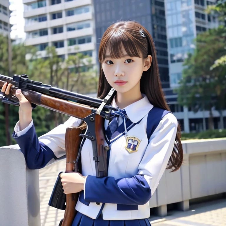1 Female、(so beautiful)、(Beautiful Face:1.5)、(Detailed face)、standing、(High School Uniform)、Dark blue jacket、White shirt、tie、Checked mini skirt、Brown Hair、(Heavy makeup)、(Hold the rifle)、(Aim the rifle:1.5)、h&HK416、(On the roof of a high-rise building)