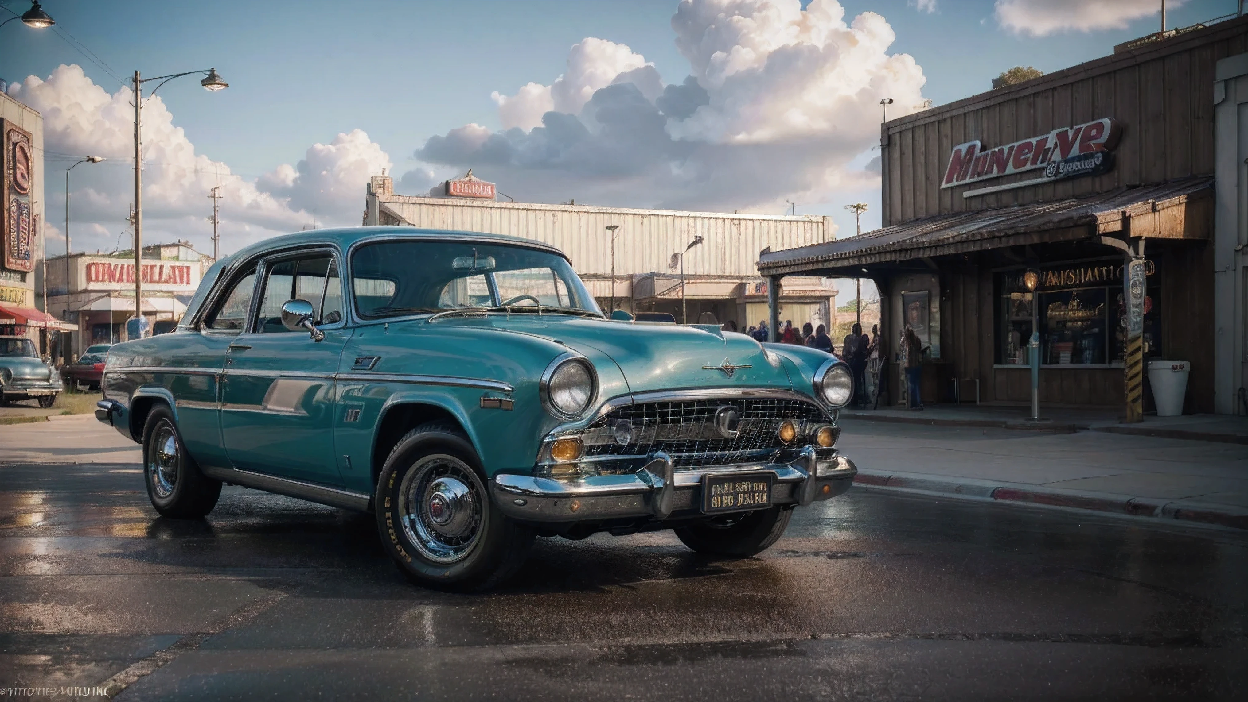 (melhor qualidade,4K,8k,high resolution,obra de arte:1.2),ultra-detalhado,(realista,photorealista,photo-realista:1.37),dramatic lighting,retro style,cores vibrantes,carros antigos,atmosfera movimentada,people filling up their vehicles,detalhes cromados brilhantes,texturas detalhadas,nostalgic charm
