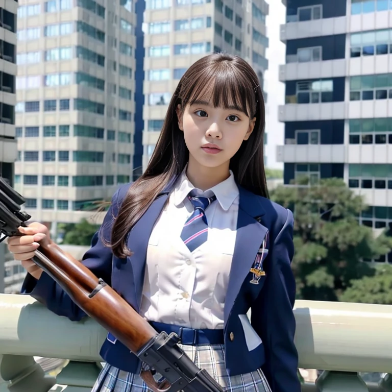1 Female、(so beautiful)、(Beautiful Face:1.5)、(Detailed face)、standing、(High School Uniform)、Dark blue jacket、White shirt、tie、Checked mini skirt、Brown Hair、(Heavy makeup)、(Hold the rifle)、(Aim the rifle:1.5)、h&HK416、(On the roof of a high-rise building)