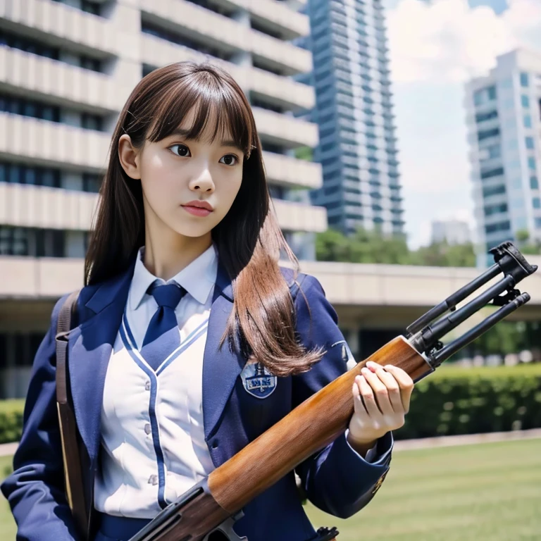 1 Female、(so beautiful)、(Beautiful Face:1.5)、(Detailed face)、standing、(High School Uniform)、Dark blue jacket、White shirt、tie、Checked mini skirt、Brown Hair、(Heavy makeup)、(Hold the rifle)、(Aim the rifle:1.5)、h&HK416、(On the roof of a high-rise building)