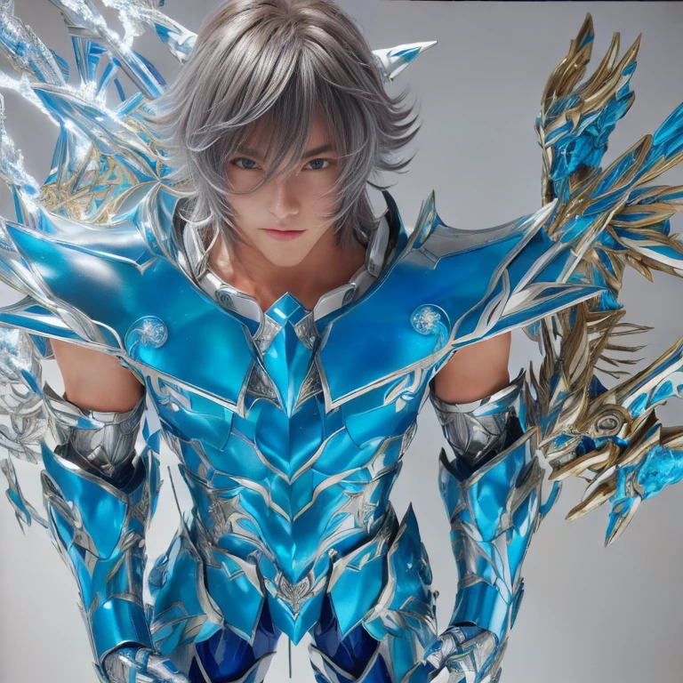 a boy with a blue suit, dragon inspired blue armor, inspired by Matsumura Goshun, greek god in mecha style, saint seiya, blue and ice silver color armor, inspired by Zoltan Boros, blue armor, inspired by Jean Xceron, inspired by Ikuo Hirayama, photo  realistic 4k