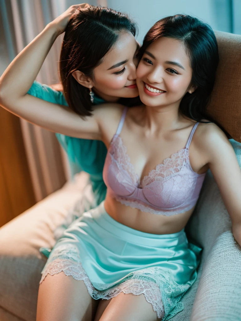 2 Matured lesbian malay women seat and seducing in the bed , kissing,wearing hijab with lace bra and platted short skirt, smiling, matured, 40 years old, perfect body, matured body, detail skin texture, professional lighting, bokeh, nighttime, soft lighting, blur background, portrait photography, medium shot, 35mm lense, Over-the-shoulder shot, pastel color grading, depth of field cinematography, western film style, high quality, ultra detail, 8k resolution