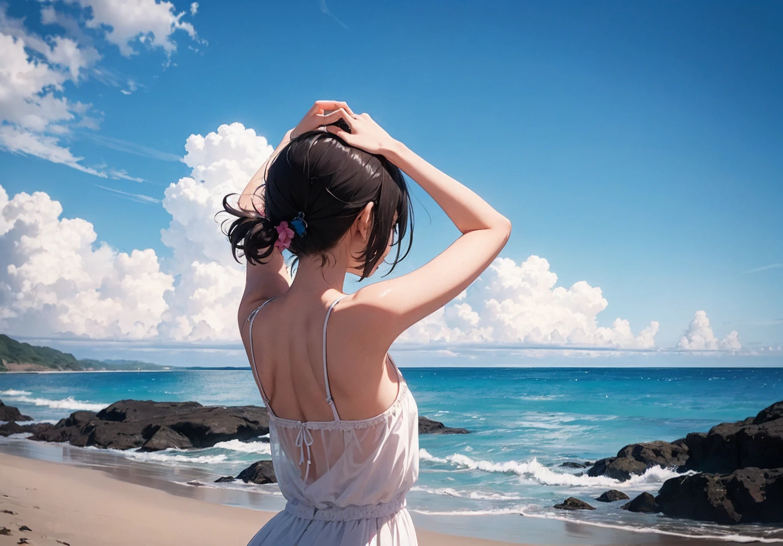 新Ocean誠アニメ, Vast landscape photography, Girl standing on the beach looking up at the sky, White Dress, Stretch your back, cloud, Ocean, blue sky, From below,